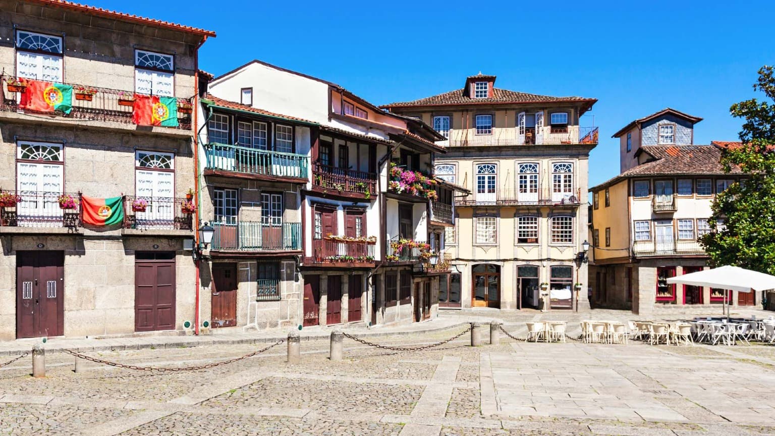 Traditional houses in the historic centre of Guimarães, a UNESCO-listed town offering a welcoming New Year’s Eve atmosphere