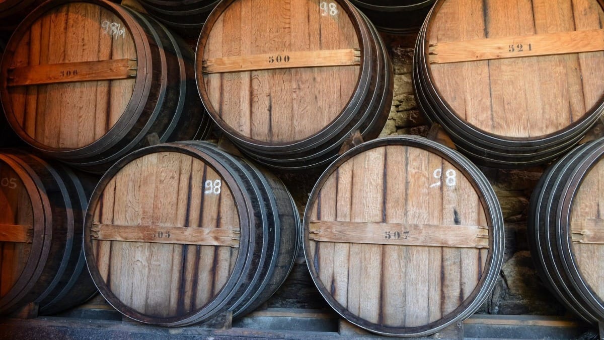 Anciennes barriques de vin de Porto pendant une visite de cave et dégustation