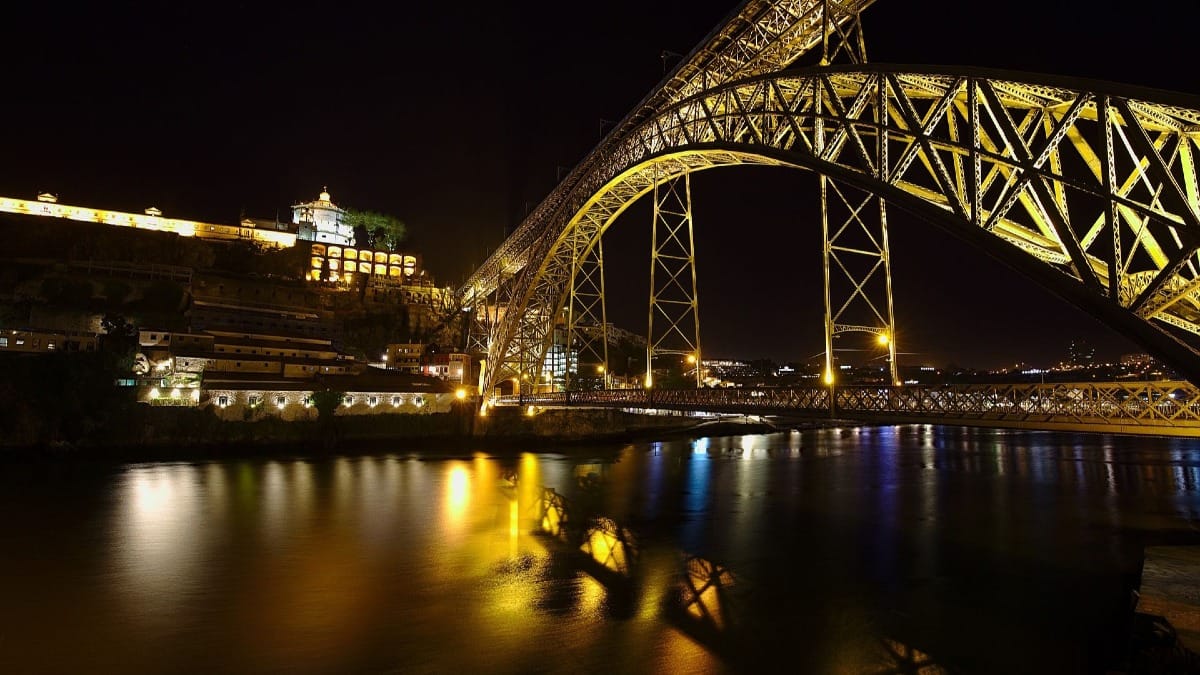 Vista nocturna del Puente Luís I, Serra do Pilar y Río Duero durante la Cena de Fado y Tour Nocturno en Oporto con Cooltour Oporto