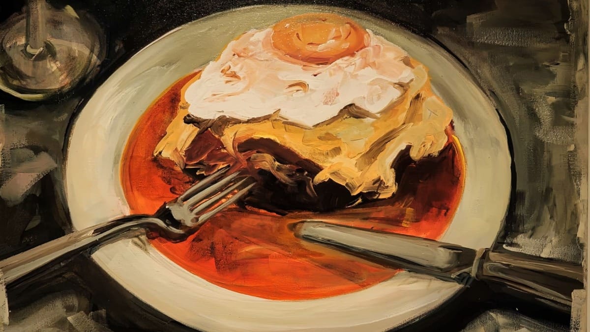 Pintura artística del icónico sándwich Francesinha, símbolo de la rica tradición culinaria de Oporto
