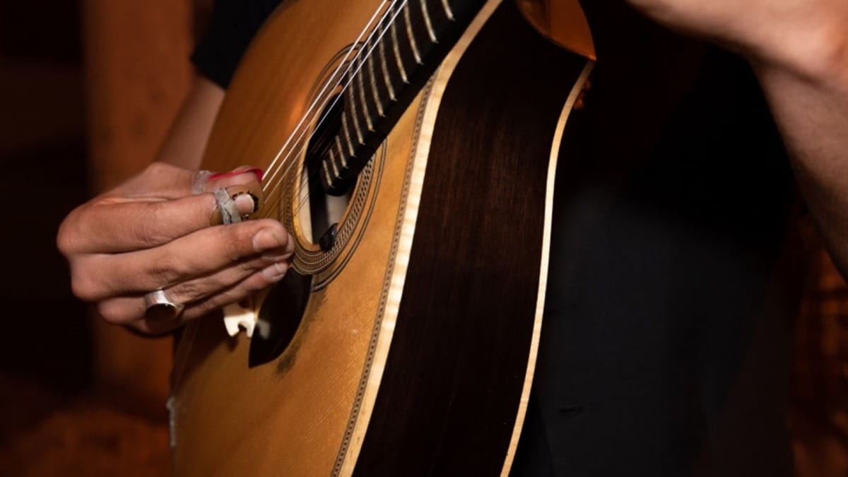 Musicien jouant de la guitare portugaise pendant le Dîner de Fado & Excursion Nocturne à Porto avec Cooltour Oporto