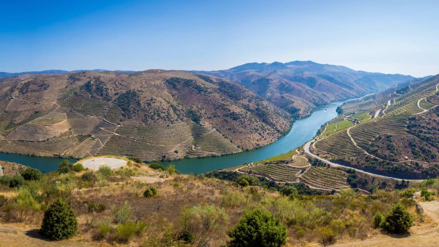 Panoramic Douro Valley river curve and terraced vineyards in the Douro Superior near Vila Nova de Foz Côa