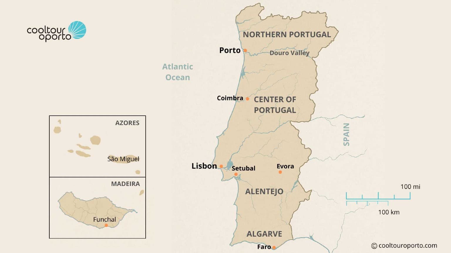 Map of Portugal highlighting 10 regions for sustainable travel including Alentejo, Algarve, Azores, Center of Portugal, Douro Valley, Lisbon, Madeira, Northern Portugal, Porto, and Setúbal